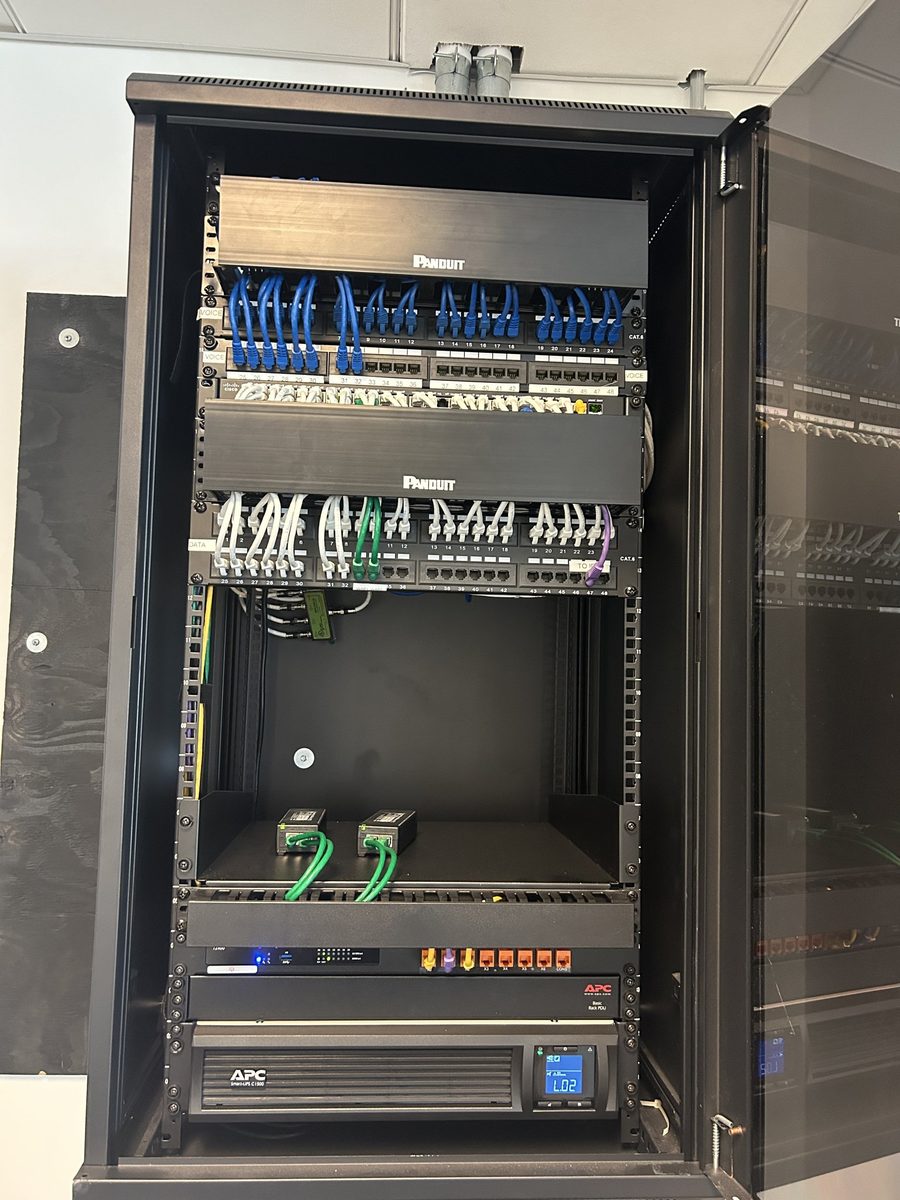 Network cabinet with patch panels and switches